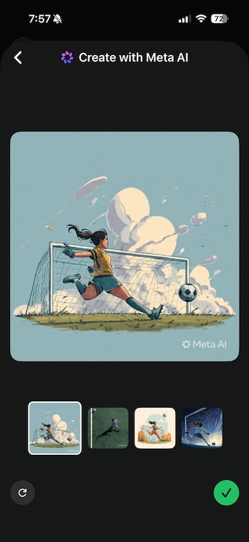 Captura de pantalla de un smartphone con la app Meta AI. Muestra una ilustración de una futbolista atajando un balón en una portería con nubes y miniaturas abajo