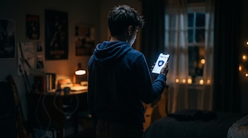Joven de espaldas sosteniendo un teléfono móvil iluminado con un icono de escudo y candado.