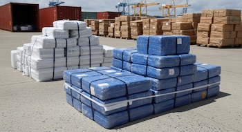 Grandes pilas de paquetes envueltos en plástico azul y blanco, posiblemente narcóticos, apilados en un muelle con contenedores de carga y grúas portuarias al fondo.