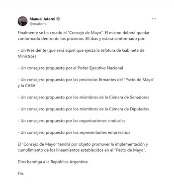 El tuit de Manuel Adorni