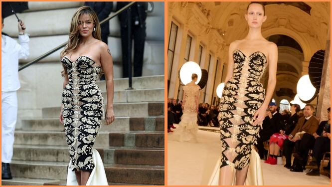 Karol G se robó todas las miradas durante su aparición en el París Fashion Week - crédito @modelsdiaryy/X y Maison Schiaparelli