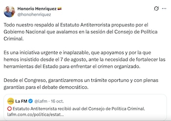 Honorio Henríquez se pronunció sobre el Estatuto Antiterrorista