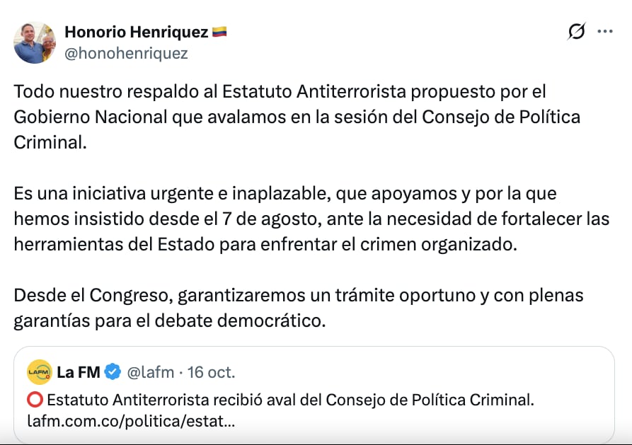 Con este mensaje en su perfil de X, el presidente del Congreso, Honorio Henríquez, le dio su espaldarazo al Estatuto Antiterrorista que promueve el Gobierno - crédito @honohenriquez/X