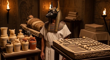 Un embalsamador con máscara de Anubis, un cuerpo vendado, vasijas etiquetadas, vendas de lino y herramientas quirúrgicas de bronce.