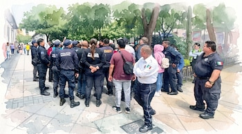Ilustración en acuarela de oficiales de policía municipal con uniforme oscuro y civiles reunidos en una calle peatonal junto a árboles.