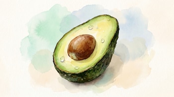 Ilustración estilo acuarela de una palta cortada por la mitad con su carozo y gotas de agua. Fondo suave en tonos verde menta, azul y crema con textura de papel.