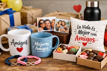 Dos tazas, dos pulseras, dos fotos, un almohadón, dos cajas de bombones, tres regalos envueltos, un globo amarillo, un termo negro y un corazón rojo.