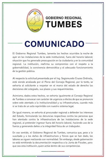 Documento con el logotipo del Gobierno Regional de Tumbes en el encabezado y el título Comunicado seguido de párrafos de texto