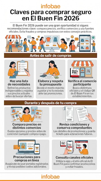 Infografía de Infobae con siete recuadros ilustrados que presentan consejos de compra, presupuestos y seguridad en comercio electrónico.