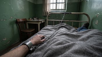 Vista en primera persona de un brazo con un grillete de metal encadenado al respaldo de una cama con manta gris en una habitación verde.