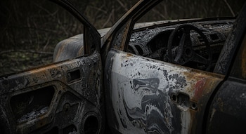 Primer plano de la puerta abierta de un coche calcinado, mostrando el interior quemado, el volante y el salpicadero destruidos, con óxido y cenizas. Fondo oscuro y borroso de vegetación.