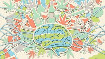 Ilustración estilo collage de un cerebro adolescente en tonos azul y verde, rodeado de símbolos de alcohol, cannabis y cigarrillos, con líneas onduladas azules sobre fondo crema