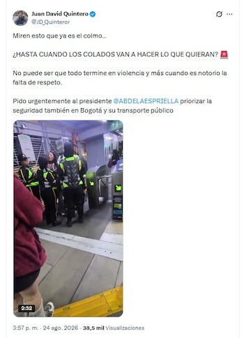 Una agresión en TransMilenio en Bogotá reavivó el debate sobre la violencia en el sistema y la protección del personal de seguridad - crédito @JD_Quinteror/X