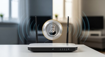 Un router WiFi blanco con dos antenas sobre una mesa blanca, una lata de cerveza vacía y cortada detrás de las antenas, y ondas WiFi azules saliendo del dispositivo.