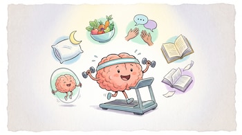 Dibujo de un cerebro sonriente corriendo en una cinta con pesas, rodeado por íconos de frutas, una almohada, manos y libros.