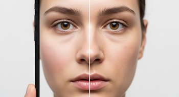 Rostro de mujer dividido verticalmente. La mitad izquierda, en pantalla de celular, con piel suavizada; la mitad derecha muestra la piel sin filtro, con textura natural.