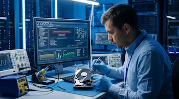Un técnico con guantes azules y camisa clara examina un disco duro abierto con pinzas frente a una pantalla de computadora que muestra alertas de error y gráficos de datos.