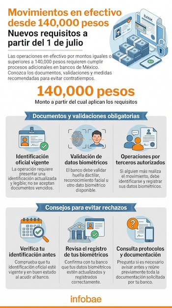 Infográfico mostrando o título de Movimentos de Dinheiro de 140.000 pesos, ícones de dinheiro, computadores, bancos, placas, índices, pessoas, calendários e telefones.