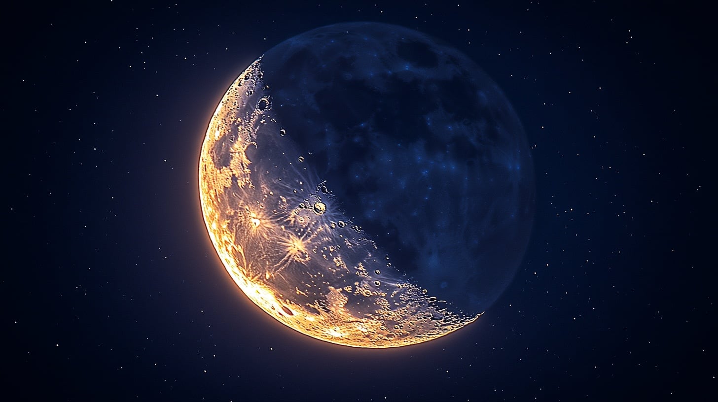 La luna en cuarto menguante muestra su forma iluminada parcialmente, marcando el inicio de una nueva fase lunar.