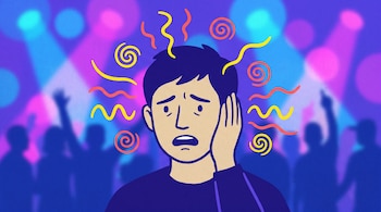 Ilustración de persona joven con expresión de preocupación, una mano en el oído, rodeada de formas onduladas. Fondo de luces de colores y siluetas de público.