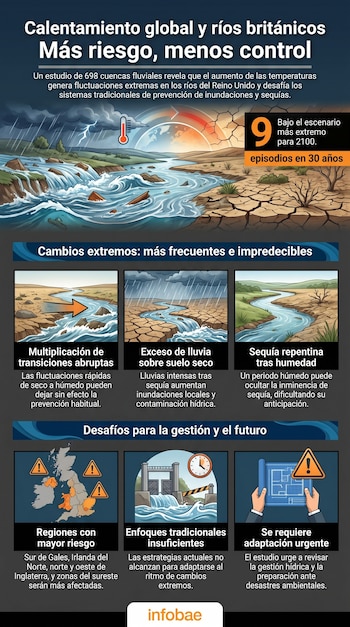 Infografía sobre el impacto del calentamiento global en ríos británicos. Muestra un río que transita entre inundación y sequía, mapas de riesgo, y la necesidad de nuevas estrategias.