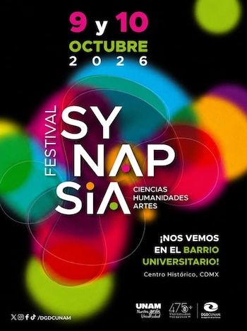 Cartel con fondo negro y formas de colores que anuncia el Festival Synapsia para el 9 y 10 de octubre de 2026 en el Centro Histórico