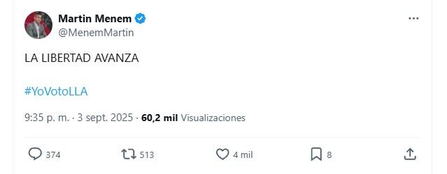 Martín Menem se sumó al hashtag #YovotoLLA