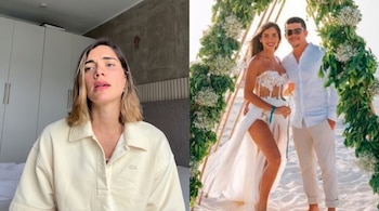 Composición de Korina Rivadeneira hablando a la cámara a la izquierda y en su boda en la playa con Mario Hart a la derecha.