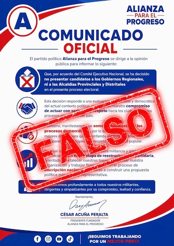 Póster gráfico en español de "Alianza Para El Progreso" con un sello diagonal rojo "FALSO" superpuesto. Muestra el título "COMUNICADO OFICIAL" y texto
