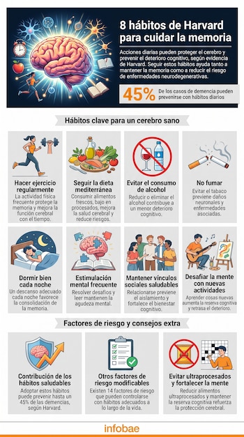 Infografía con título sobre memoria y cerebro. Muestra ilustración de cerebro, 8 iconos de hábitos y texto explicativo. Incluye datos y logotipo Infobae.