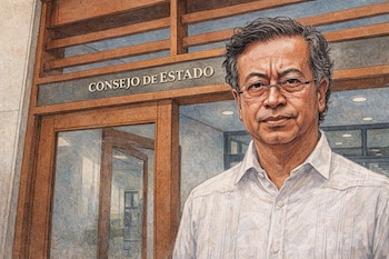 Ilustración de la fachada del Consejo de Estado, con puertas de madera y un letrero que reza 'CONSEJO DE ESTADO' sobre la entrada.