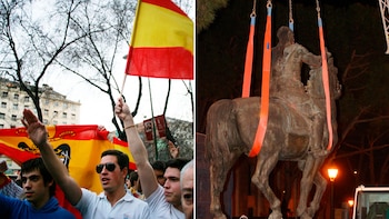 La noche en que la última estatua de Franco dejó de “cabalgar” en Madrid y la guerra de cánticos de una plaza dividida en dos