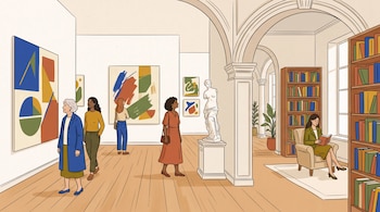 Ilustración de mujeres en una sala con cuadros abstractos y una escultura, junto a arcos que dan a una biblioteca con estantes y una lectora.