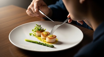Primer plano de una persona comiendo un plato blanco con tres vieiras selladas, espárragos y salsa verde sobre una mesa de madera.