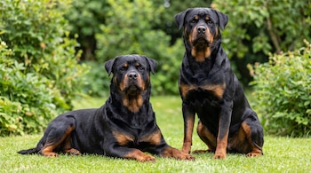 Dos perros rottweiler negros y marrones posan, uno recostado y otro sentado, sobre césped verde con fondo borroso de arbustos.