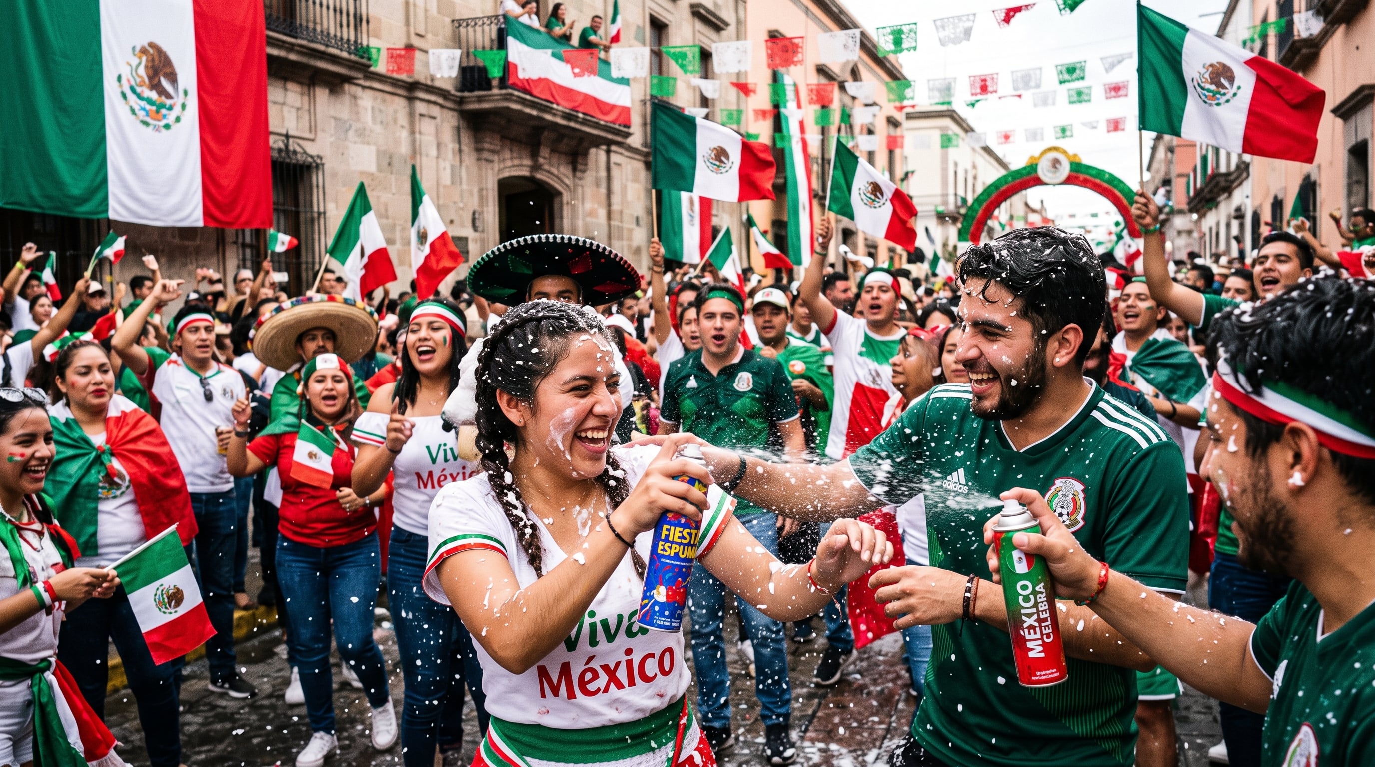 Varias personas celebran las fiestas patrias de México en la calle mientras se rocían espuma en aerosol y sostienen banderas nacionales. (Imagen Ilustrativa Infobae)