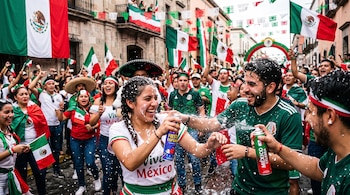 Un grupo de personas lanza espuma en aerosol con latas y sostiene banderas de México en una calle decorada.
