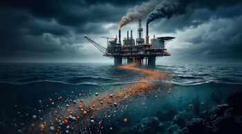 Vista de una plataforma petrolífera en el mar con humo saliendo de sus chimeneas bajo un cielo nublado; bajo el agua, partículas anaranjadas y grises flotan.