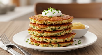 Seis tortitas de papa con ciboulette en plato blanco. Arriba, crema agria y cebollín picado. Al lado, un cuenco con salsa de manzana. Cubiertos de metal en la mesa.