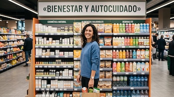 Una mujer con suéter azul y una bolsa de papel está de pie frente a un estante con cosméticos, cereales y botellas en un supermercado.