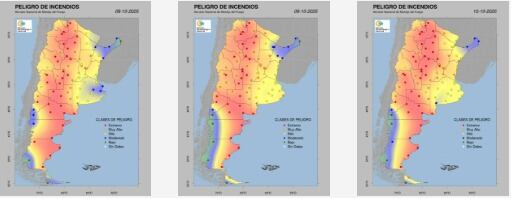 El mapa del SNMF muestra zonas en rojo con riesgo máximo de incendios en el centro, oeste y Patagonia