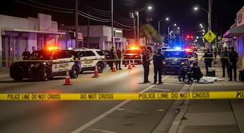 Vista nocturna de una calle acordonada con cinta policial amarilla. Múltiples patrullas con luces intermitentes y oficiales investigan cerca de un cuerpo cubierto.