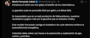María Fernanda Cabal sobre el alza a los precios del combustible - crédito Captura de pantalla / X
