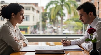 Hombre y mujer sentados frente a frente en una mesa de madera con documentos legales. El hombre escribe con un bolígrafo, la mujer tiene los brazos cruzados.