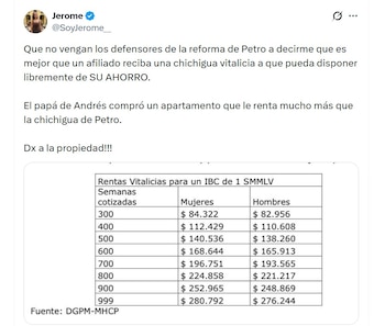 Jerome Sanabria centró sus críticas en el esquema previsto para las personas que no alcanzan las semanas necesarias para acceder a una pensión - crédito @SoyJerome__/X
