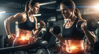 Imagen de dos mujeres en un gimnasio: una corre en cinta, otra levanta una mancuerna. Ambas sudan y muestran concentración, con destellos de energía en el abdomen.