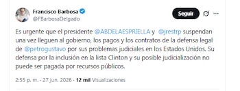 El exfiscal Francisco Barbosa pidió que se deje pagar con recursos del Estado los servicios prestados por los abogados asignados a la defensa del presidente Petro - crédito @FBarbosaDelgado/X