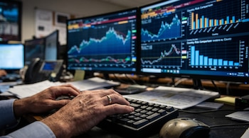 Manos sobre un teclado negro en un escritorio con ratón, papeles y dos pantallas que muestran gráficos financieros y barras de riesgo país.