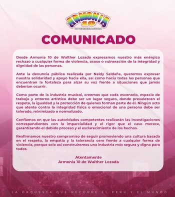 Un comunicado oficial de Armonía 10 de Walther Lozada con el título 'COMUNICADO' en morado, sobre un fondo con degradado rosa y blanco