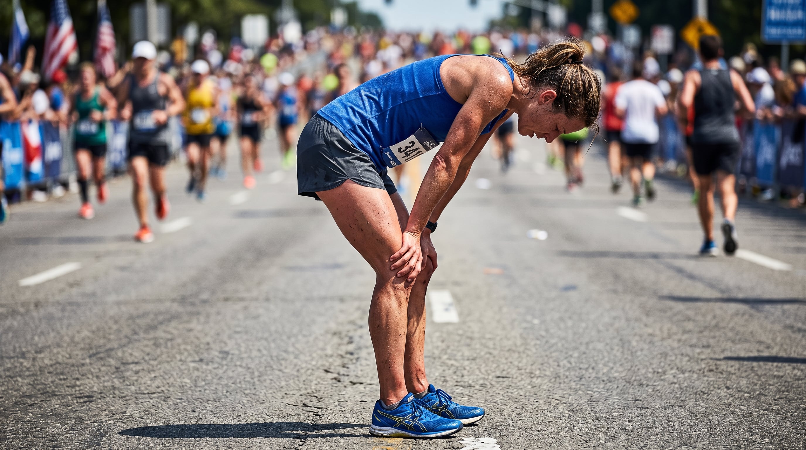 Una atleta inclinada sobre sus rodillas descansa a mitad de una competencia urbana de resistencia. (Imagen Ilustrativa Infobae)